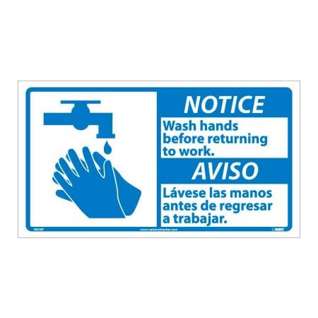National Marker Co Bilingual Vinyl Sign - Notice Wash Hands Before Returning To Work NBA8P